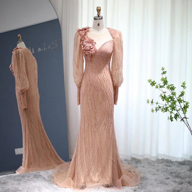 Weitese Formal Women's Dresses Luxury Rose Gold Evening Dress Elegant Long Sleeves Formal Dresses Prom Clothing