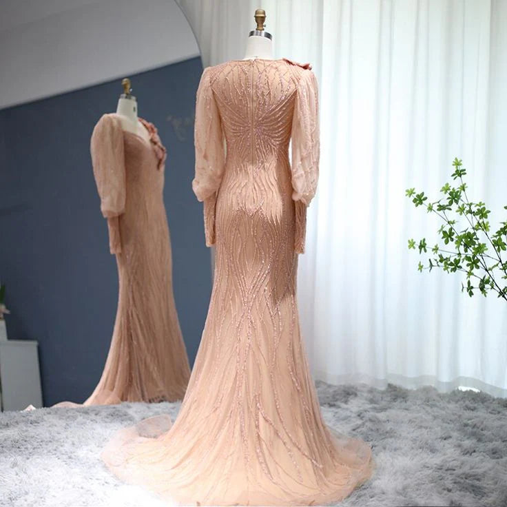 Weitese Formal Women's Dresses Luxury Rose Gold Evening Dress Elegant Long Sleeves Formal Dresses Prom Clothing