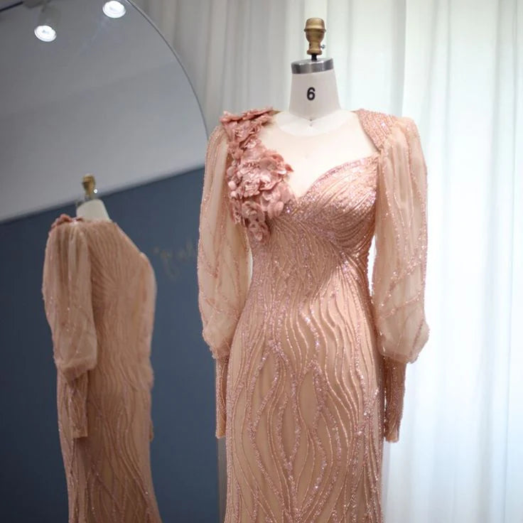 Weitese Formal Women's Dresses Luxury Rose Gold Evening Dress Elegant Long Sleeves Formal Dresses Prom Clothing