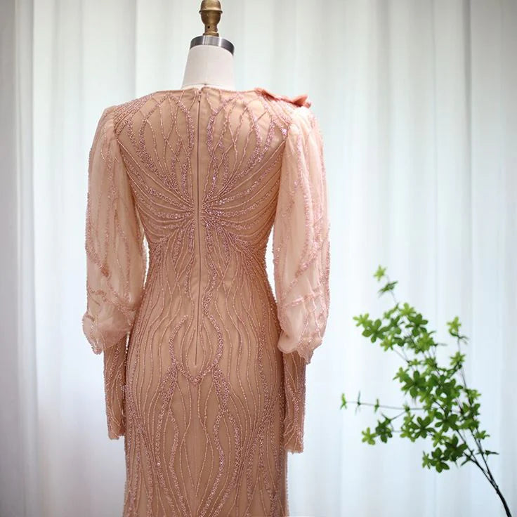 Weitese Formal Women's Dresses Luxury Rose Gold Evening Dress Elegant Long Sleeves Formal Dresses Prom Clothing