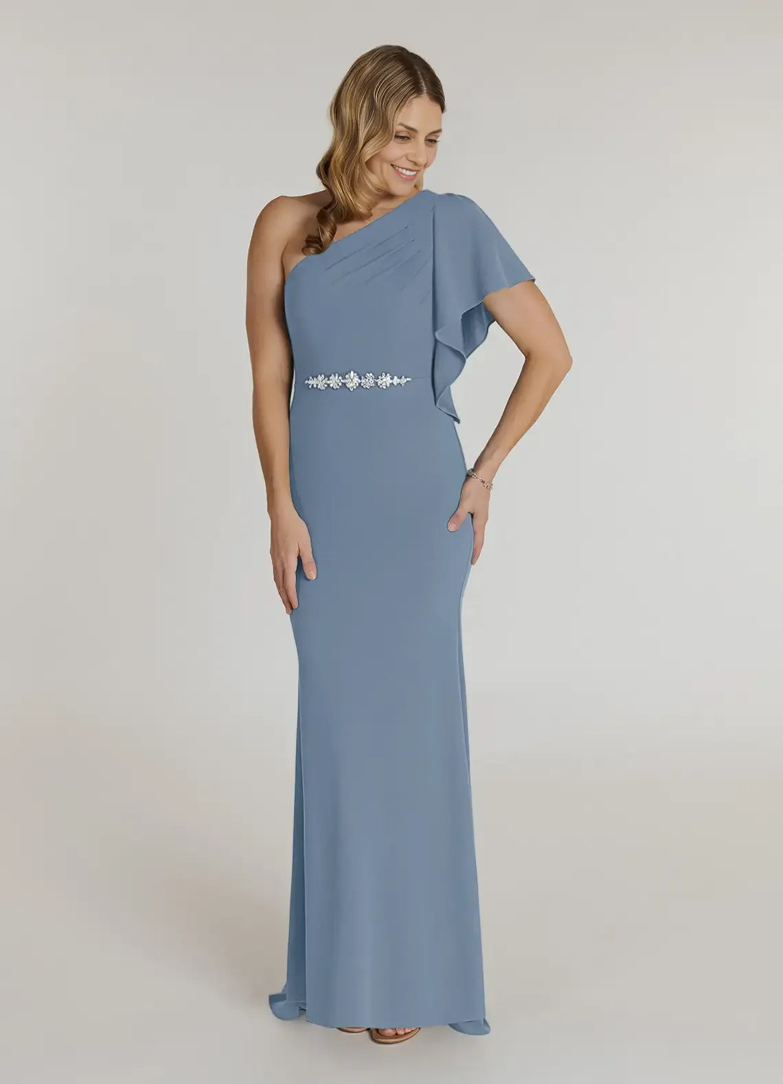 Elegant Mermaid Asymmetrical Neck Flutter Sleeve Back Zip Sweep/Brush Train Mother of the Bride Dress