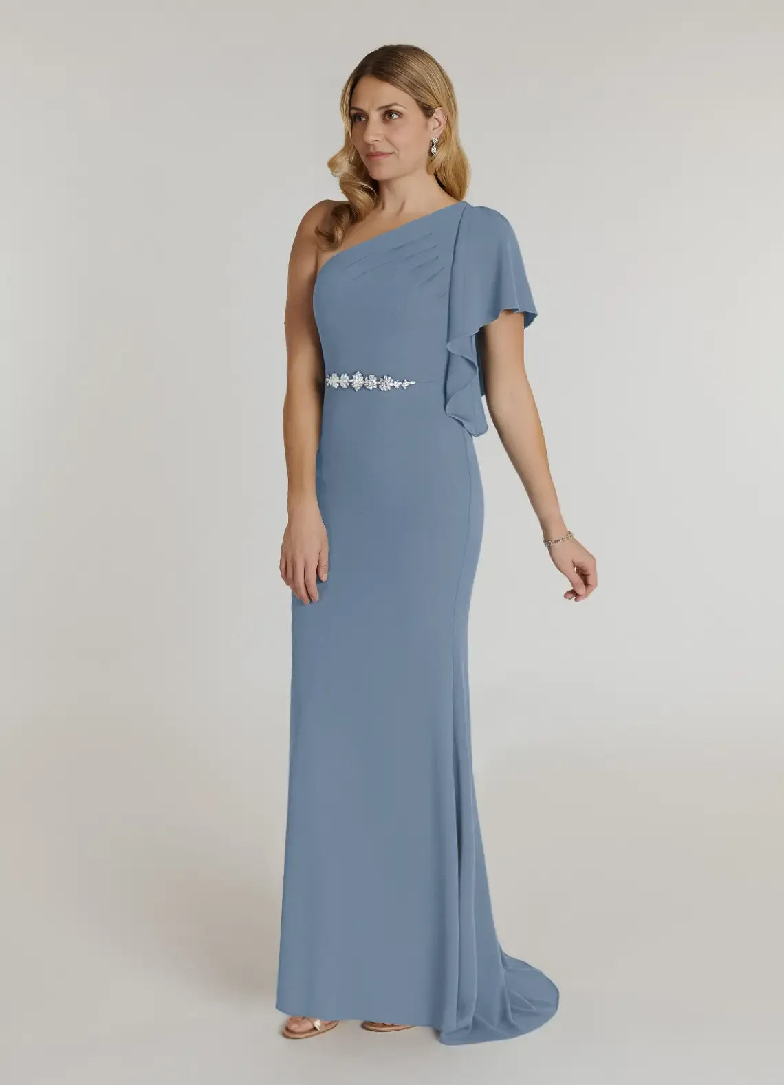 Elegant Mermaid Asymmetrical Neck Flutter Sleeve Back Zip Sweep/Brush Train Mother of the Bride Dress