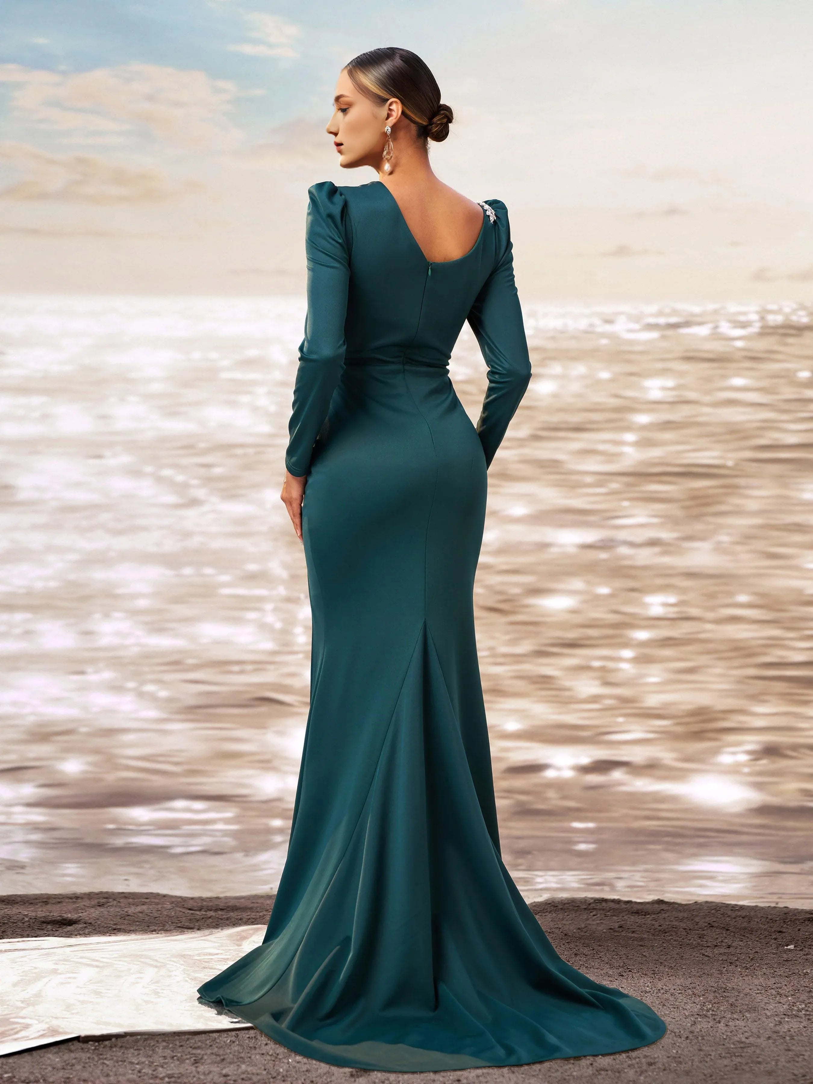 Elegant Mermaid Asymmetrical Neck Long Sleeve Back Zip Floor-Length Prom Dress