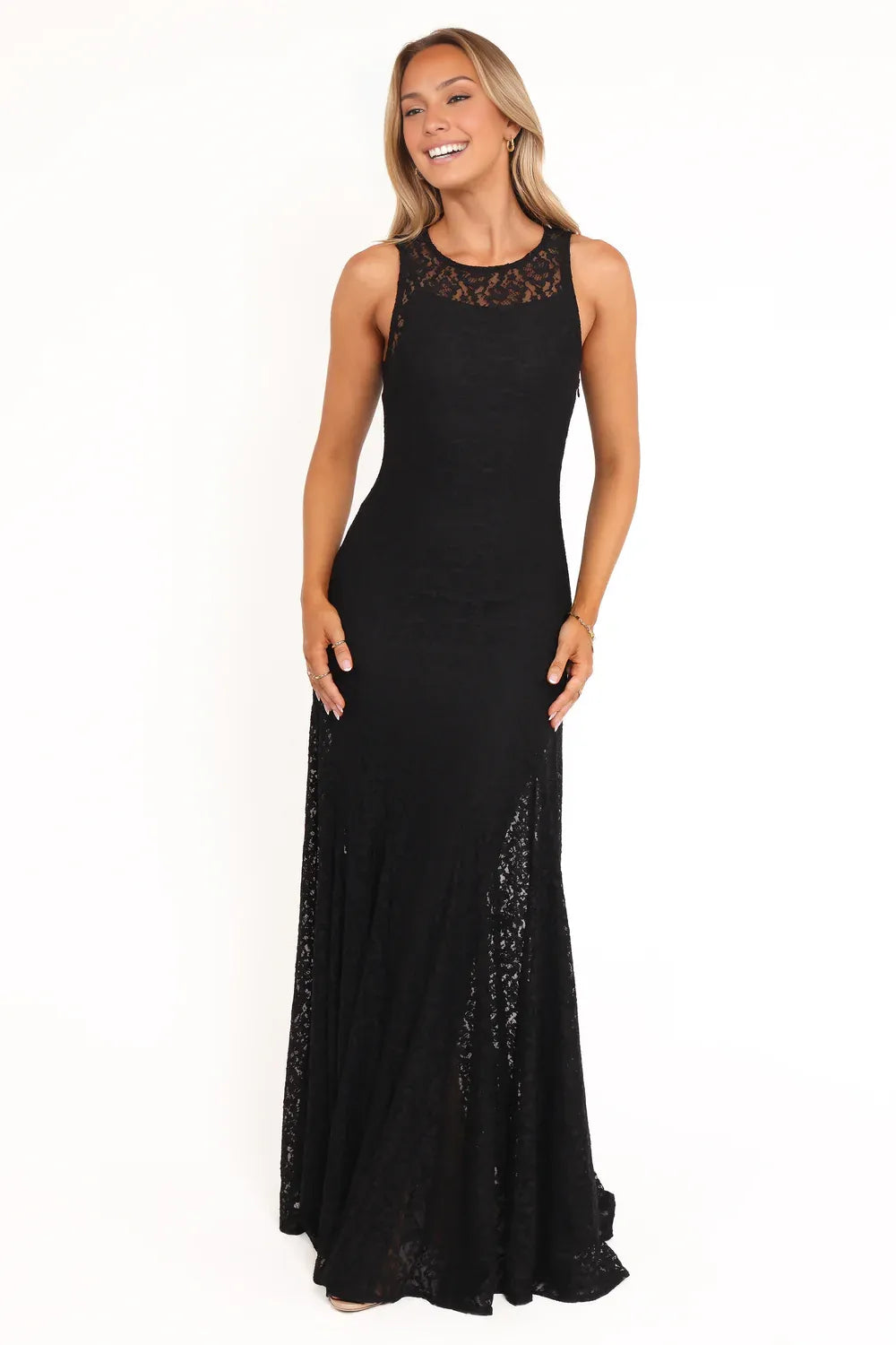 Elegant Mermaid Boat Neck Sleeveless Lace Floor-Length Prom Dress