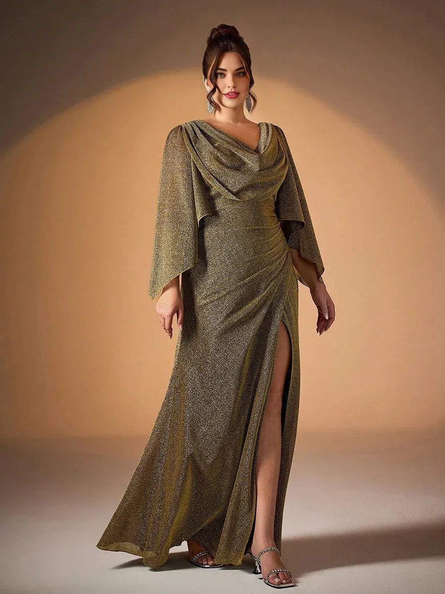 Elegant Mermaid Cowl Neck Flutter Sleeve V Back Floor-Length Plus Size Prom Dress