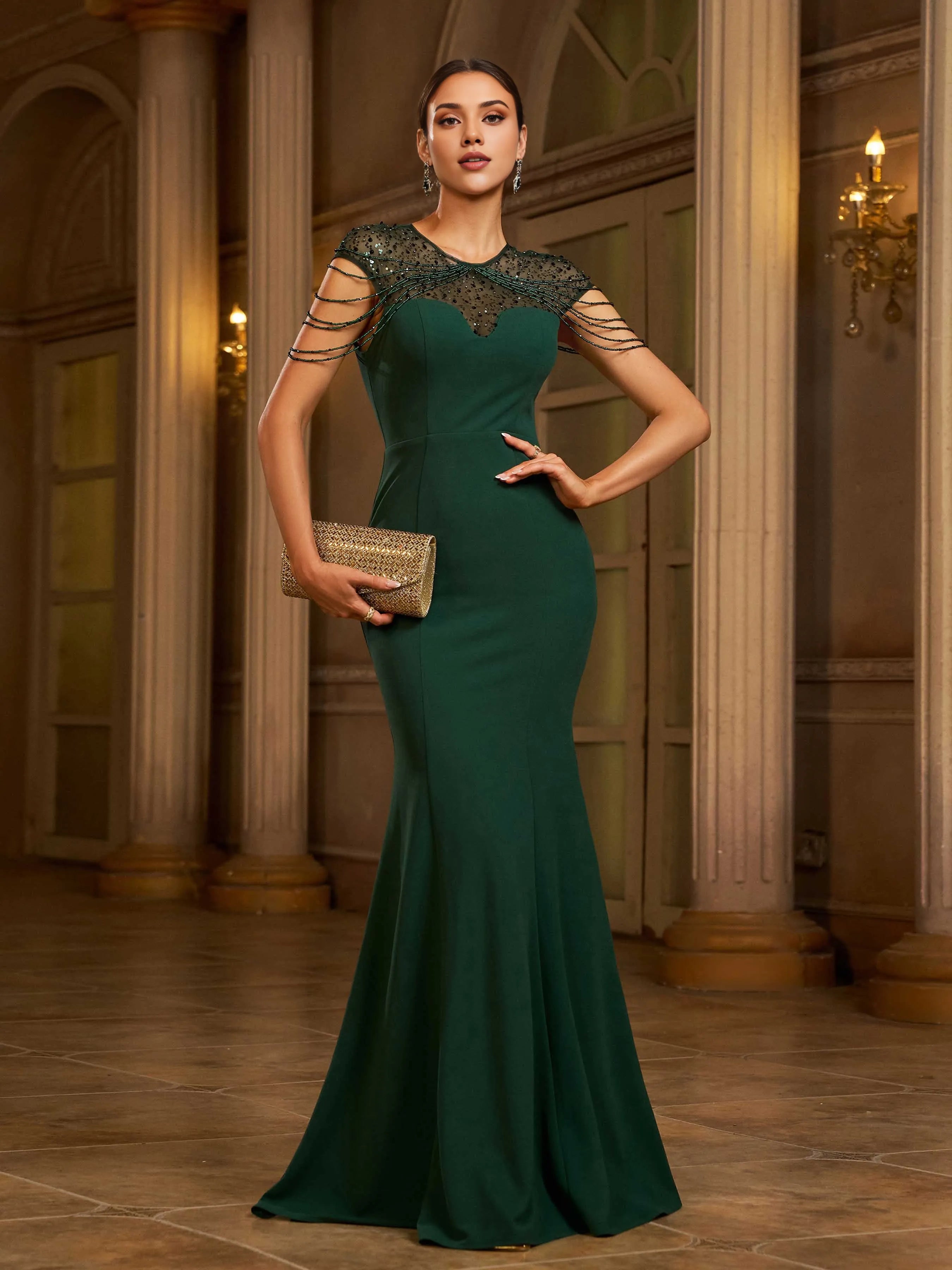 Elegant Mermaid High Neck Cap Sleeve Zipper Up Sweep/Brush Train Prom Dress