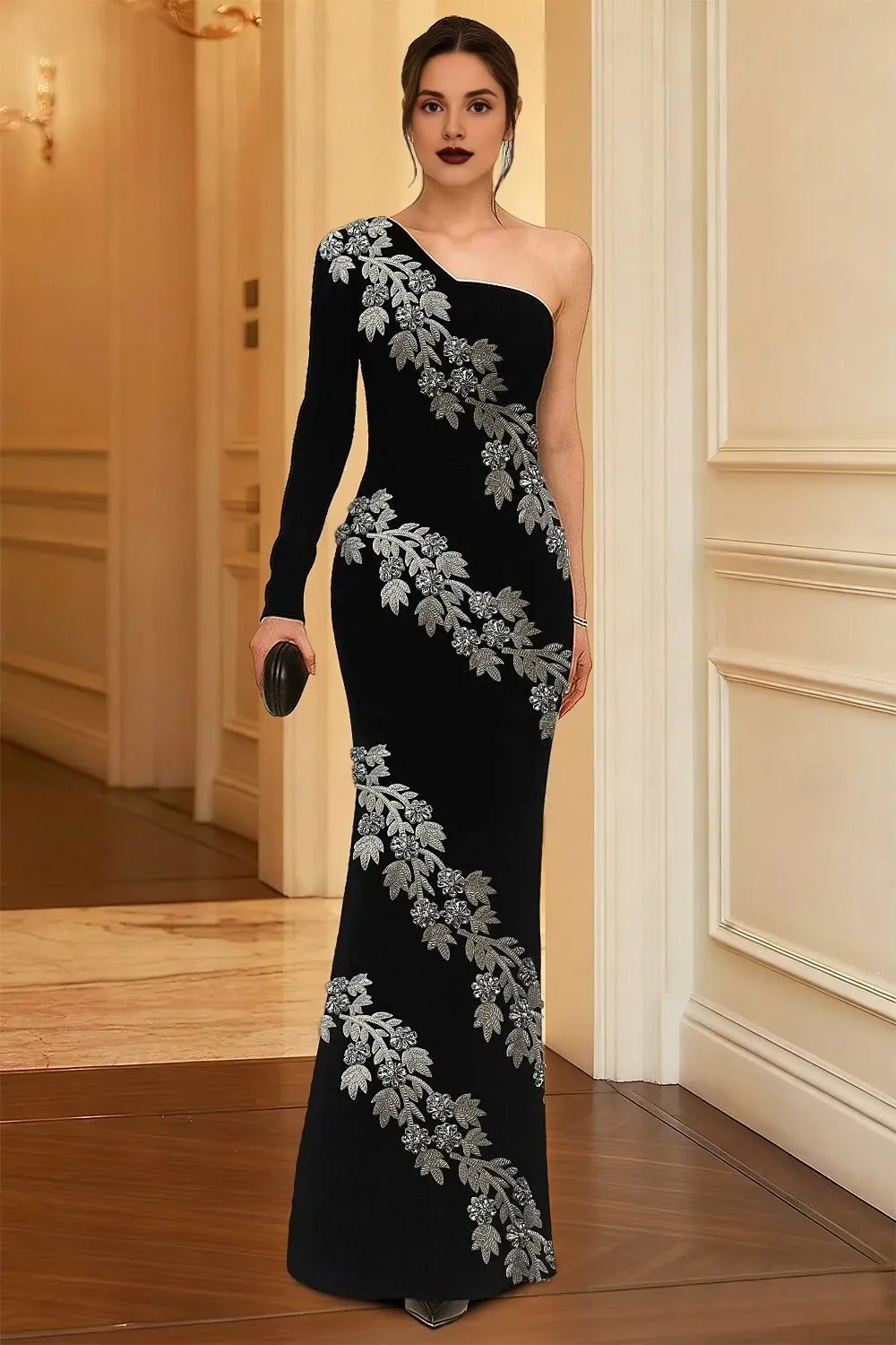Elegant Mermaid Long Sleeve One Shoulder Appliques Floor-Length Mother Of The Bride Dress