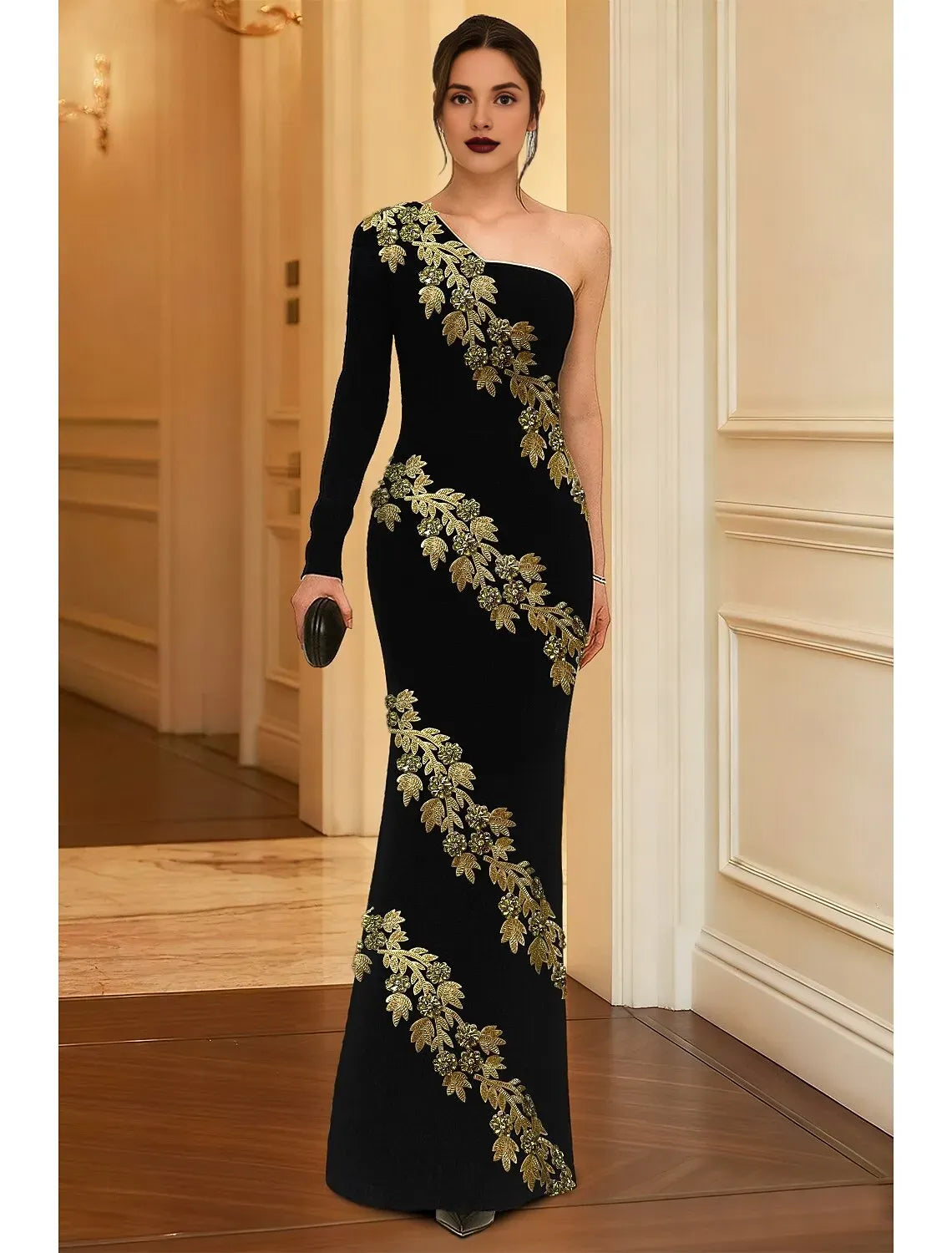 Elegant Mermaid Long Sleeve One Shoulder Appliques Floor-Length Mother Of The Bride Dress