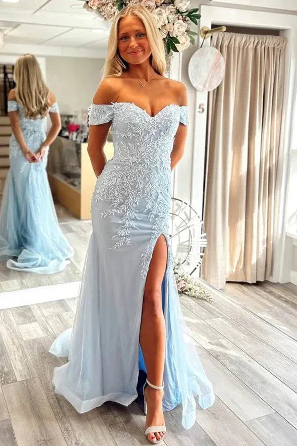 Elegant Mermaid  Off-the-Shoulder Lace Appliques Tulle Slit Prom Gown