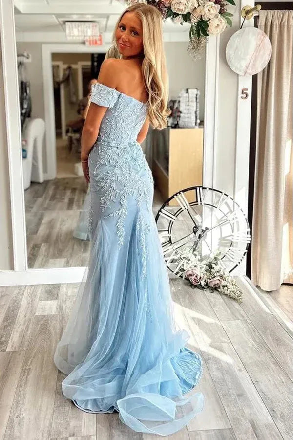 Elegant Mermaid  Off-the-Shoulder Lace Appliques Tulle Slit Prom Gown
