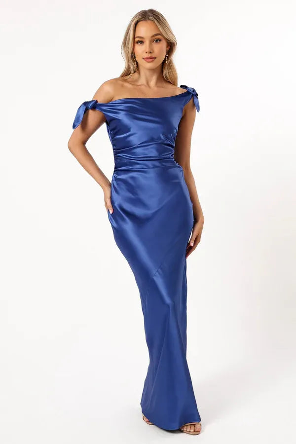 Simple Mermaid Off Shoulder Sleeveless Satin Floor-Length Prom Dress