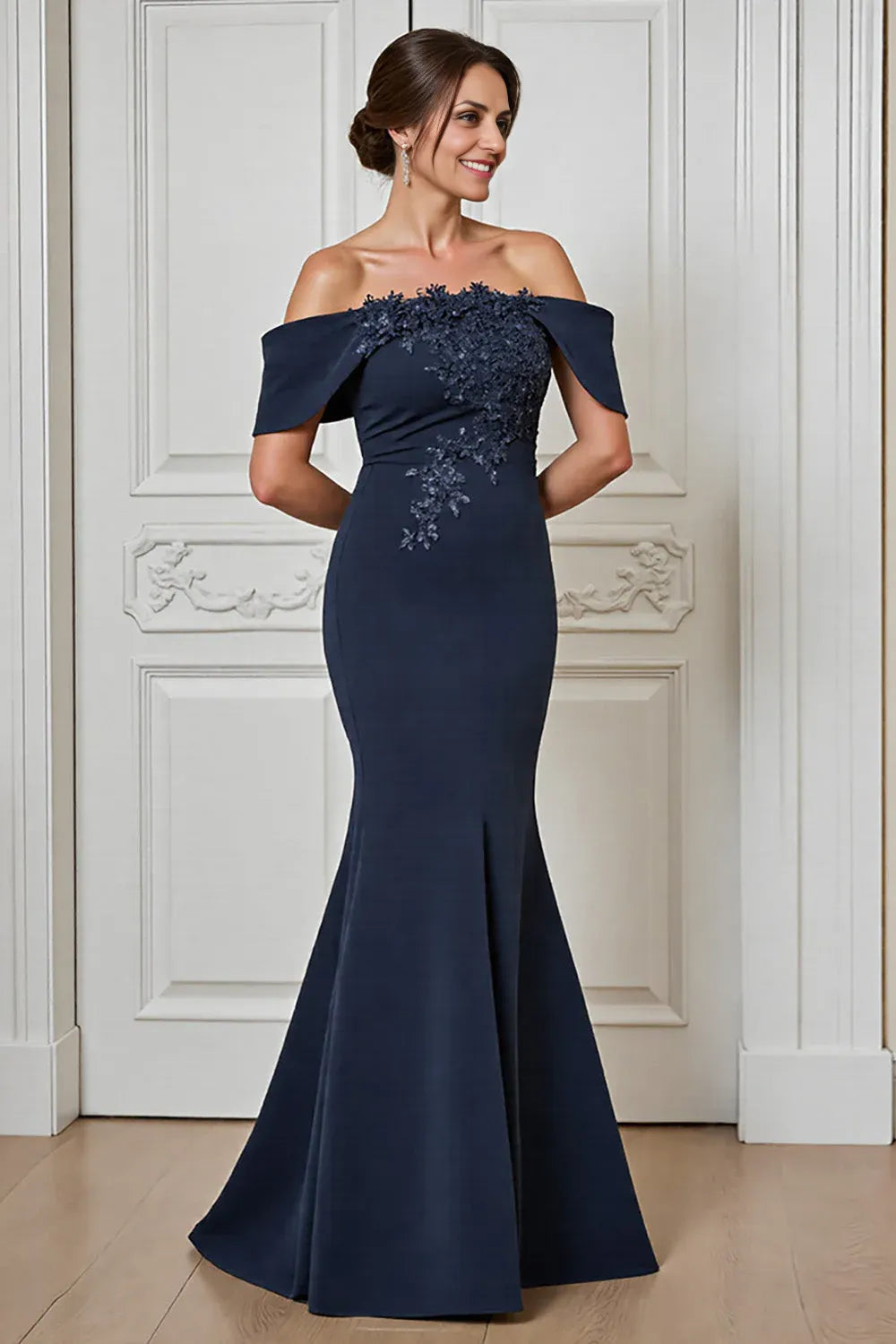 Elegant Mermaid Off the Shoulder Dropped Shoulder Sleeves Backless Floor-Length Mother of the Bride Dress