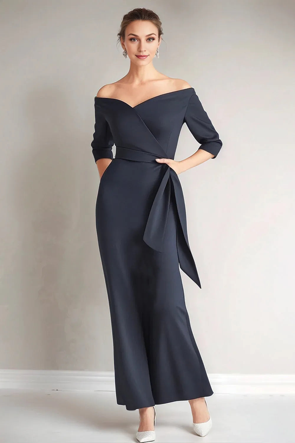 Elegant Mermaid Off the Shoulder Short Sleeve Zipper Up Floor-Length Mother of the Bride Dress