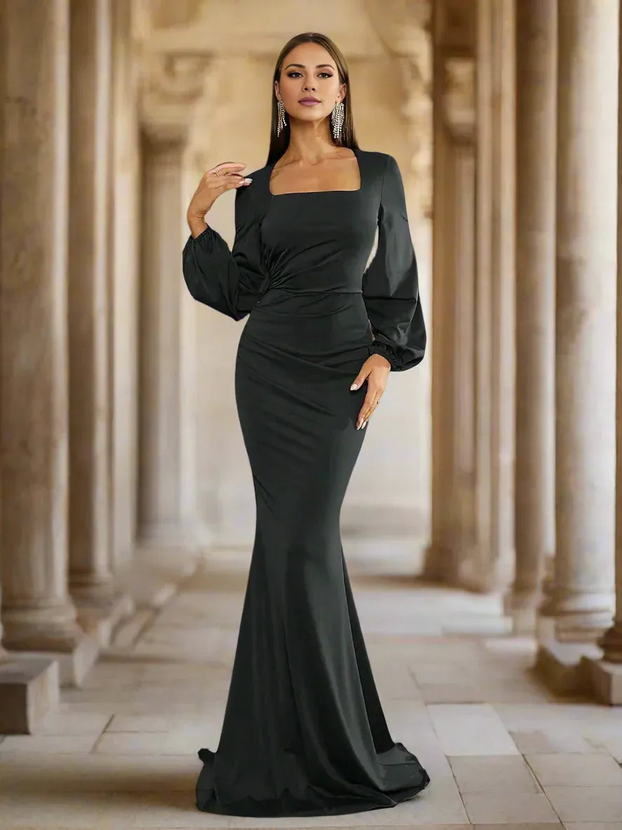 Elegant Mermaid Square Neck Bishop Sleeve Zipper Up Sweep/Brush Train Prom Dress