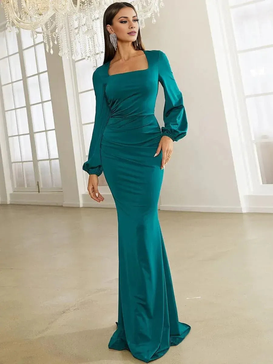 Elegant Mermaid Square Neck Bishop Sleeve Zipper Up Sweep/Brush Train Prom Dress
