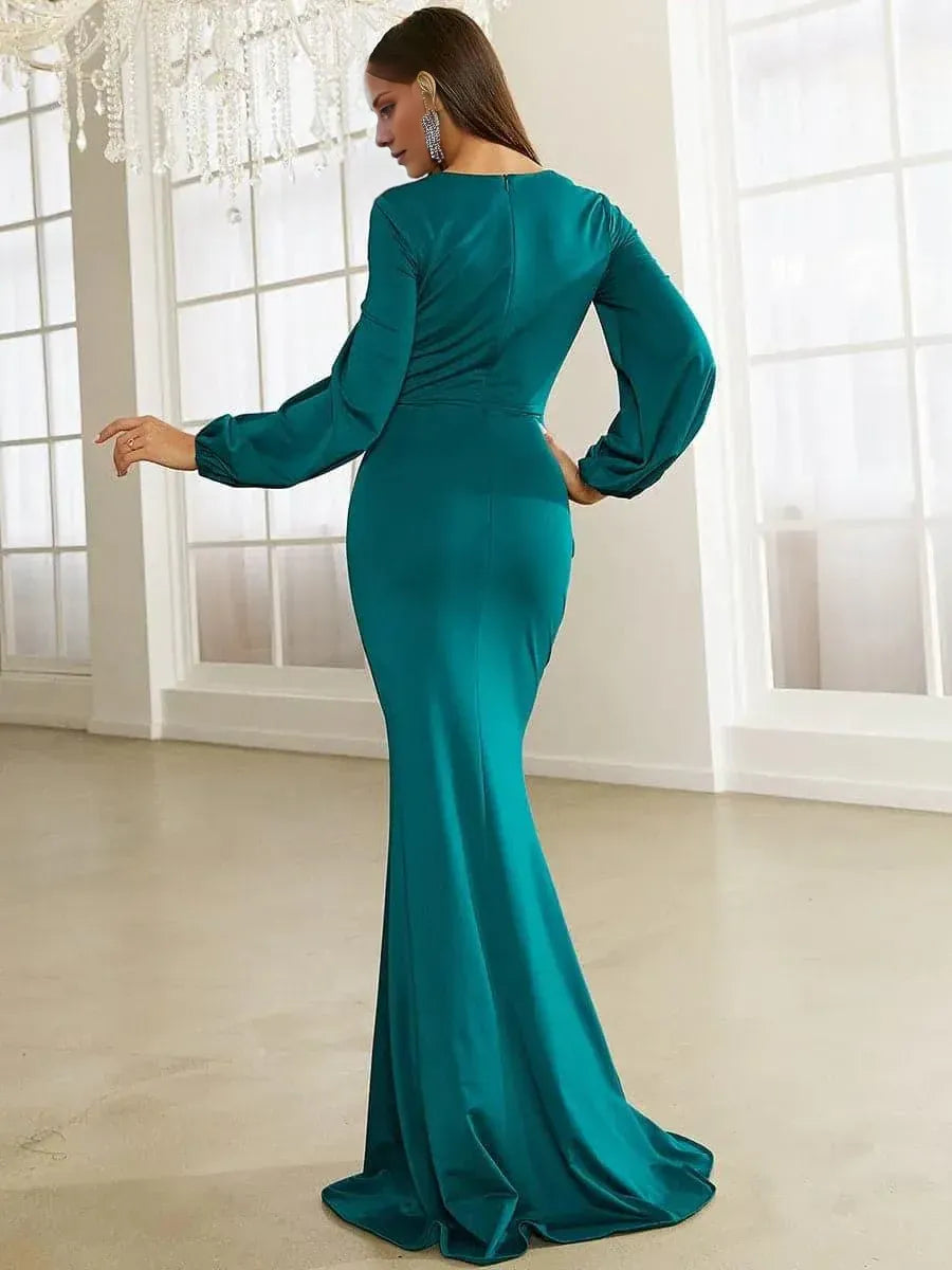 Elegant Mermaid Square Neck Bishop Sleeve Zipper Up Sweep/Brush Train Prom Dress