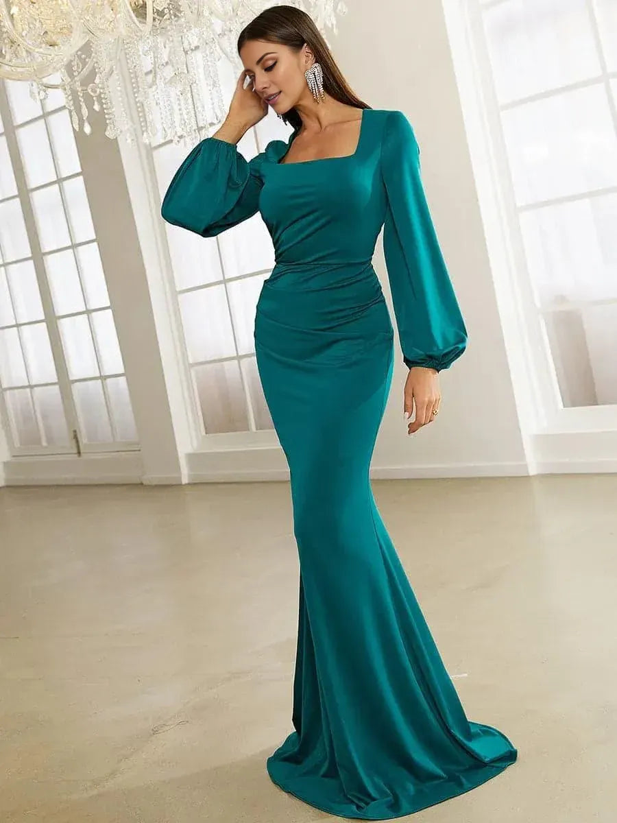 Elegant Mermaid Square Neck Bishop Sleeve Zipper Up Sweep/Brush Train Prom Dress
