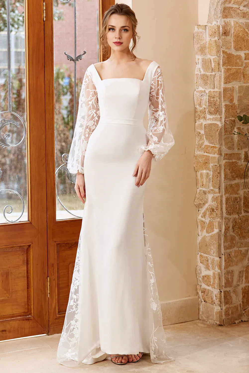 Elegant Mermaid Square Neck Long Sleeve Lace Up Sweep/Brush Train Wedding Dress