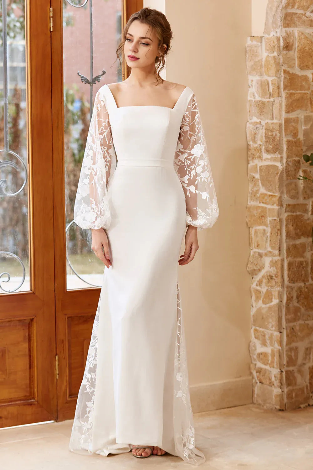 Elegant Mermaid Square Neck Long Sleeve Lace Up Sweep/Brush Train Wedding Dress