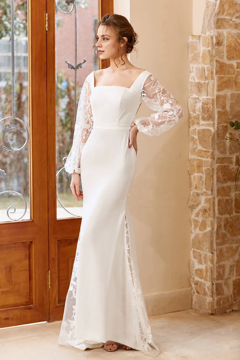 Elegant Mermaid Square Neck Long Sleeve Lace Up Sweep/Brush Train Wedding Dress