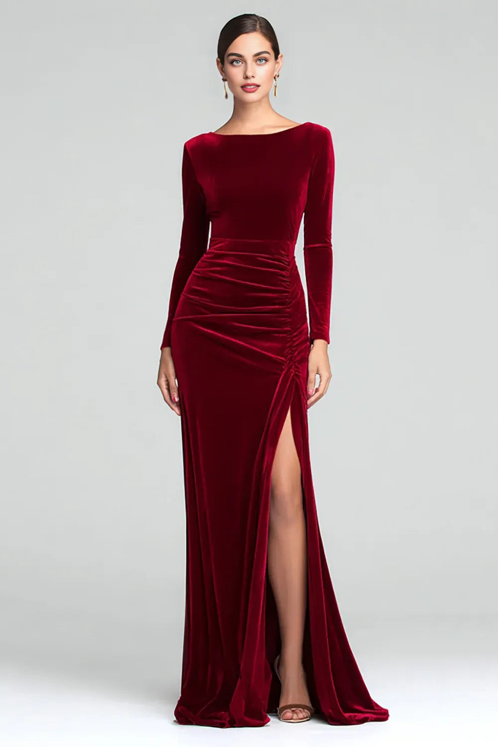 Elegant Mermaid/Trumpet Boat Neck Long Sleeves Velvet Floor-Length Evening Dress