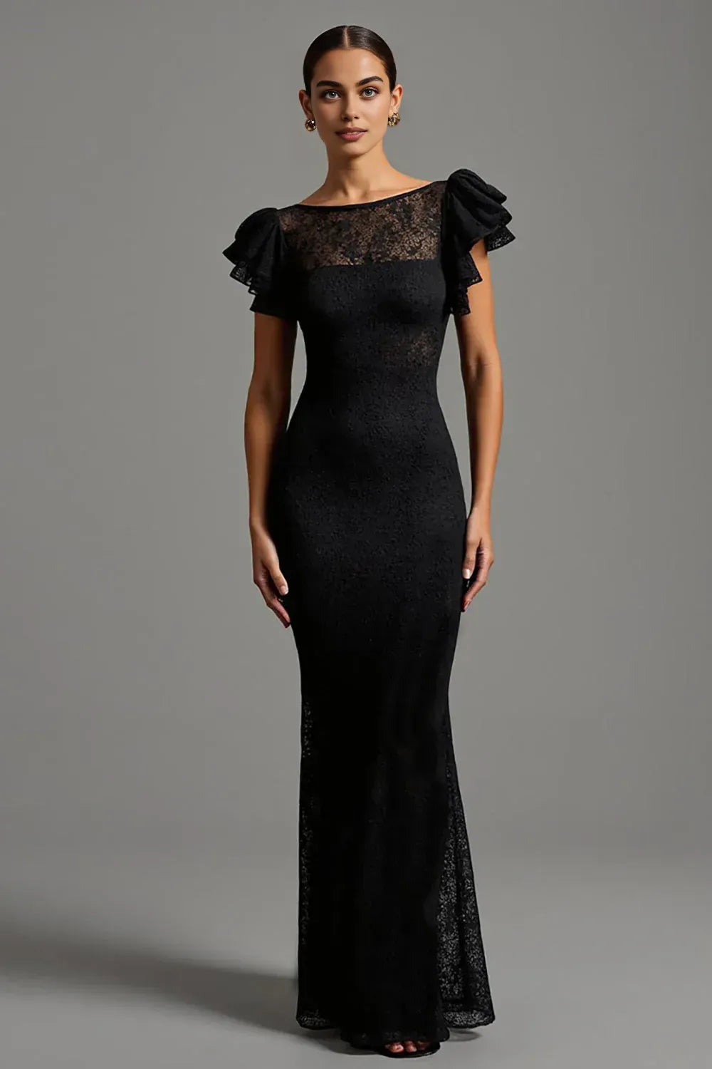 Elegant Mermaid/Trumpet Boat Neck Ruffles Sleeve V Back Floor-Length Evening Dress