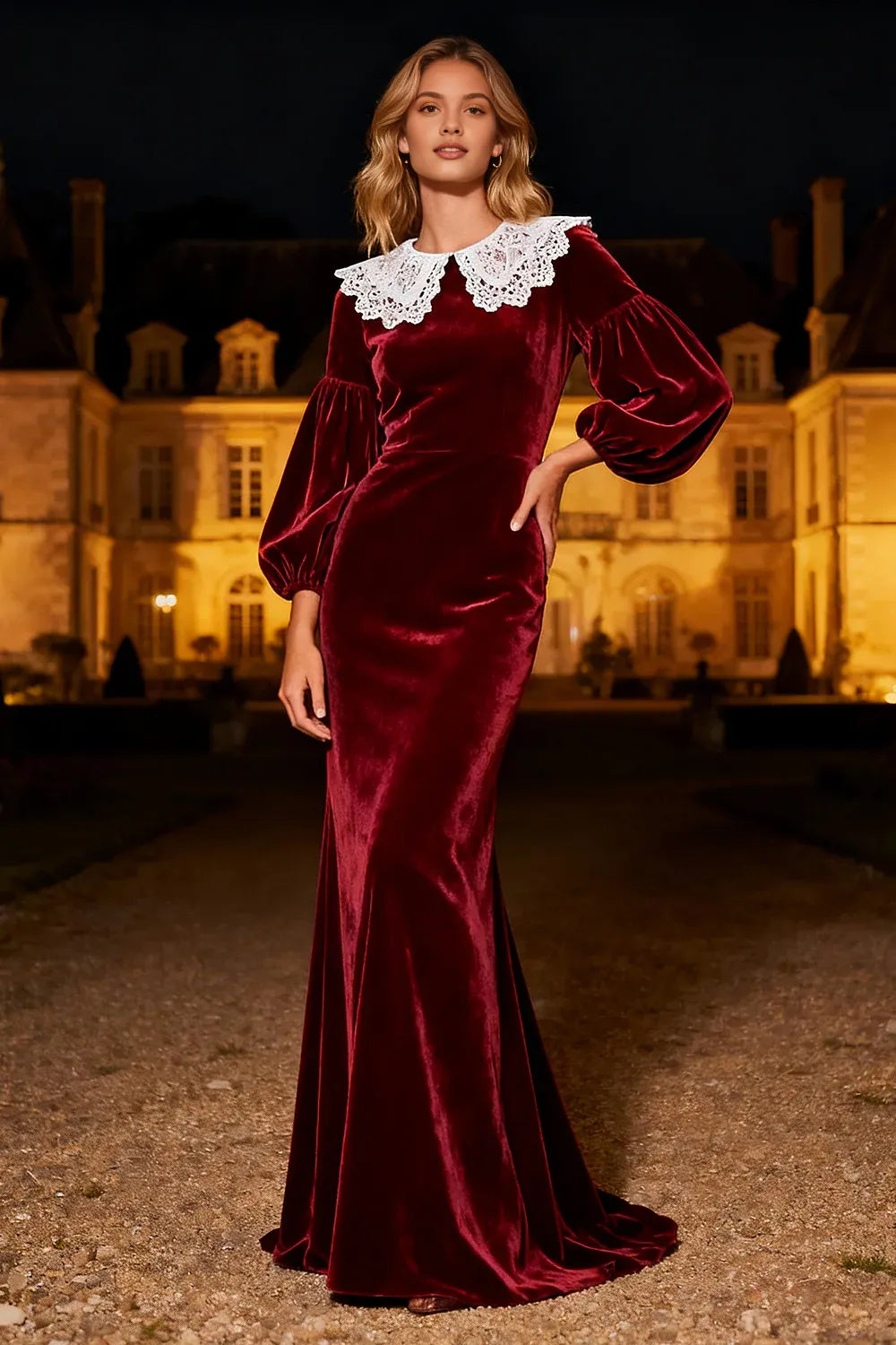 Elegant Mermaid/Trumpet High Neck Long Sleeve Velvet Sweep/Brush Train Winter Prom Dress