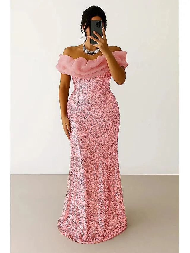 Elegant Mermaid/Trumpet Off Shoulder Sleeveless Sequins Sweep Train Prom Dress