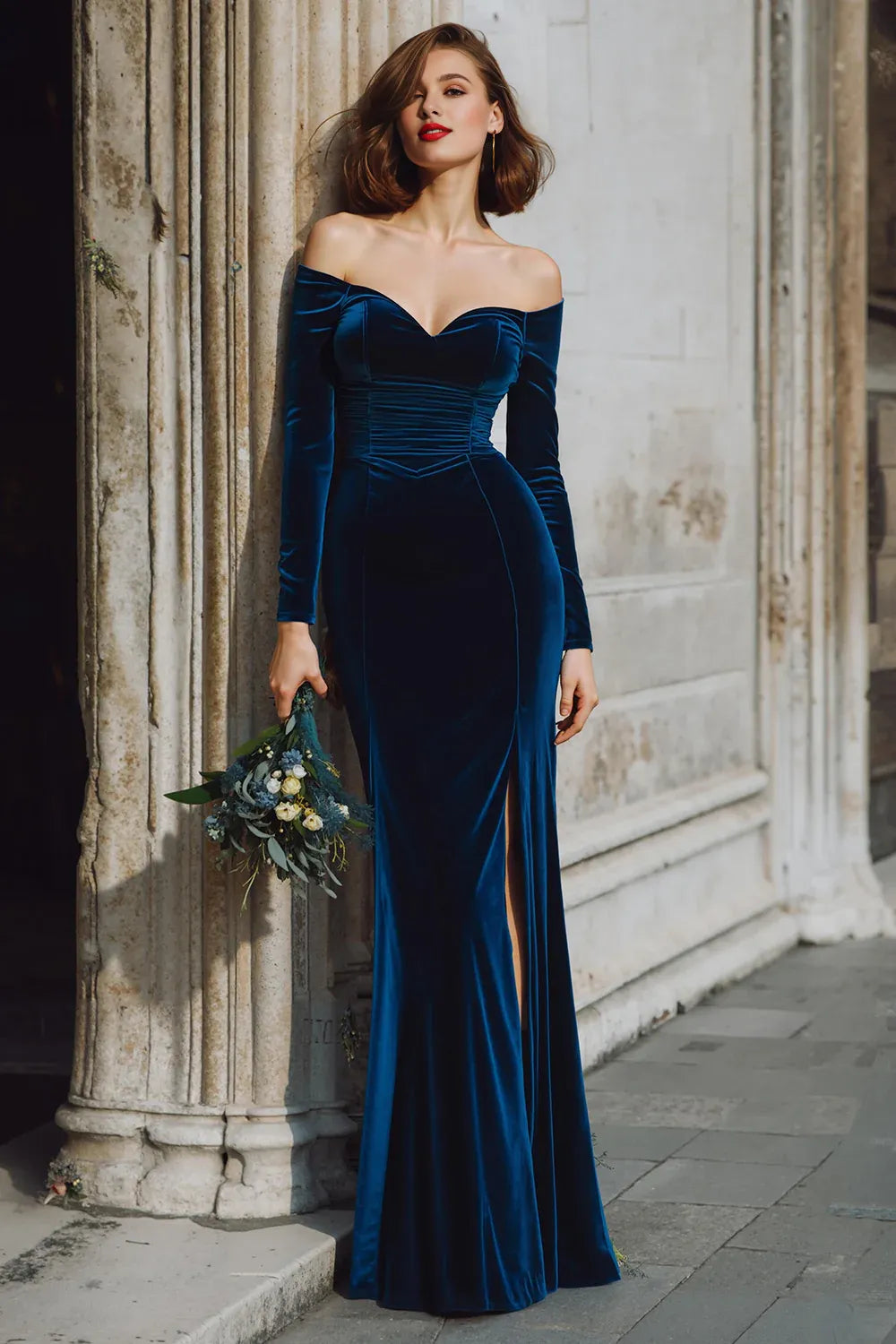 Elegant Mermaid/Trumpet Off the Shoulder Long Sleeve Velvet Floor-Length Evening Dress