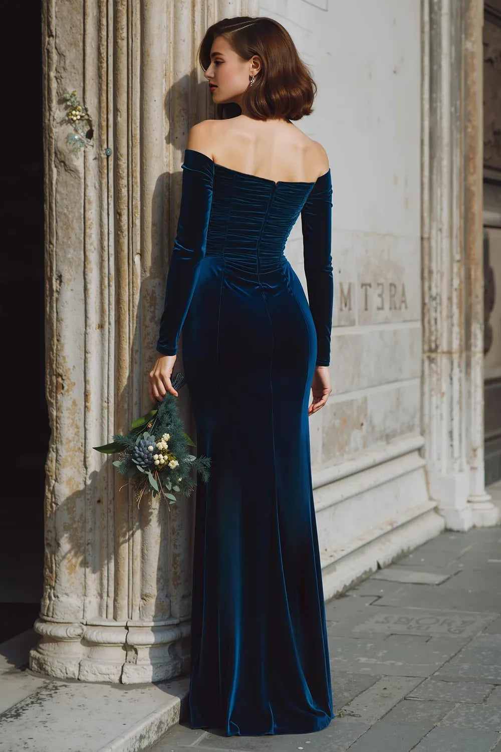 Elegant Mermaid/Trumpet Off the Shoulder Long Sleeve Velvet Floor-Length Evening Dress