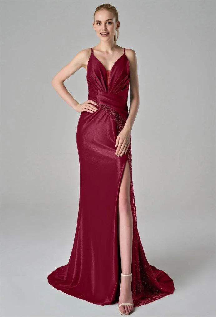 Elegant Mermaid V-Neck Floor Length Spaghetti Straps Prom Dresses Tulle Satin Sleeveless Cheap Glitter Evening Party Dresses