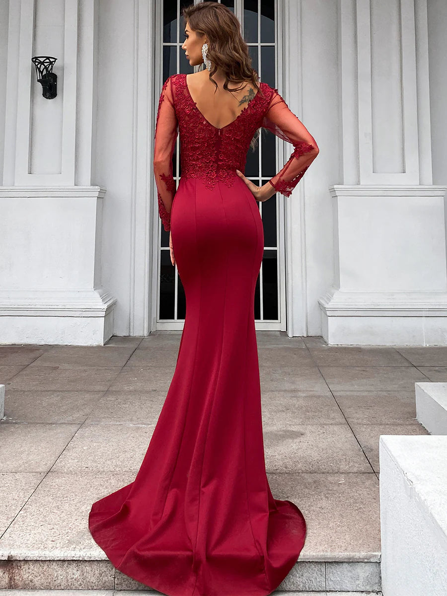 Elegant Mermaid V Neck Long Sleeve Zipper Up Sweep/Brush Train Prom Dress