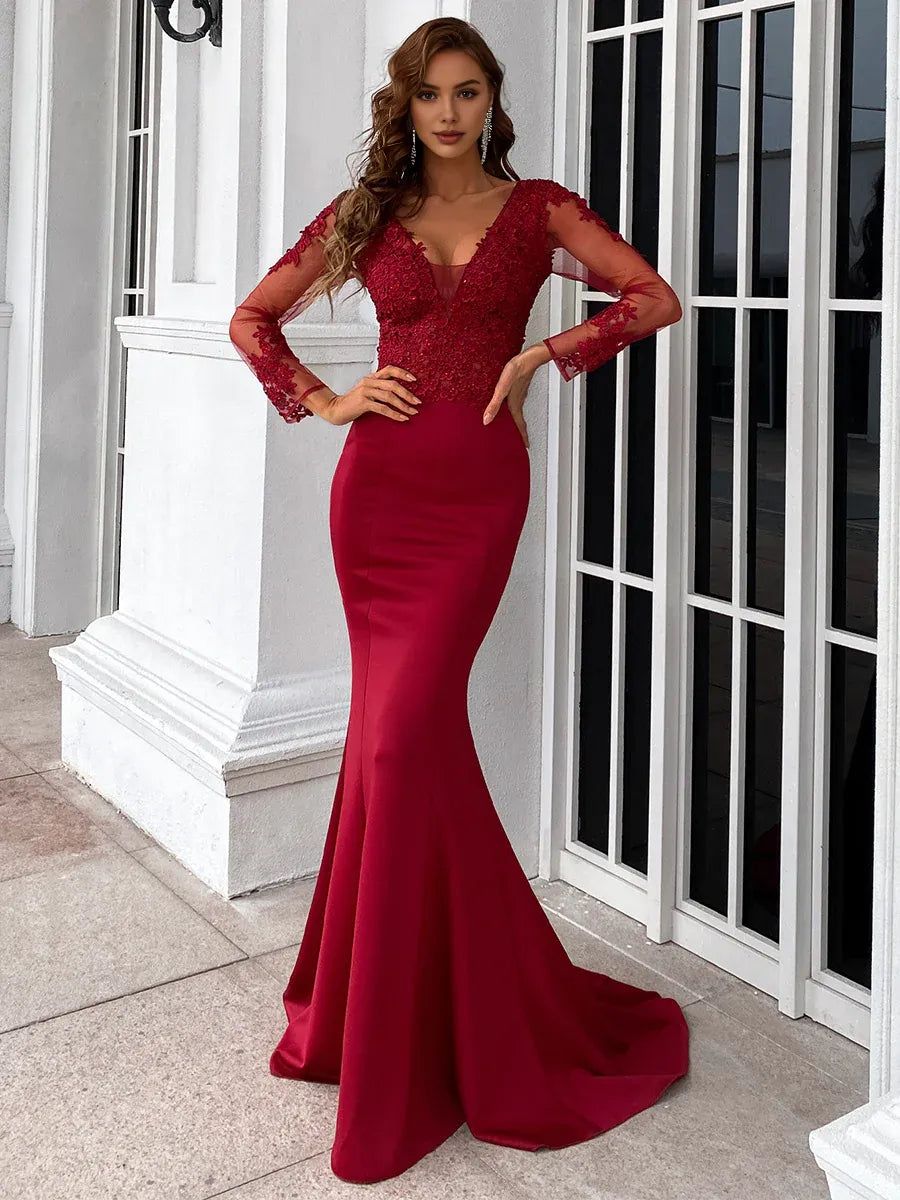 Elegant Mermaid V Neck Long Sleeve Zipper Up Sweep/Brush Train Prom Dress