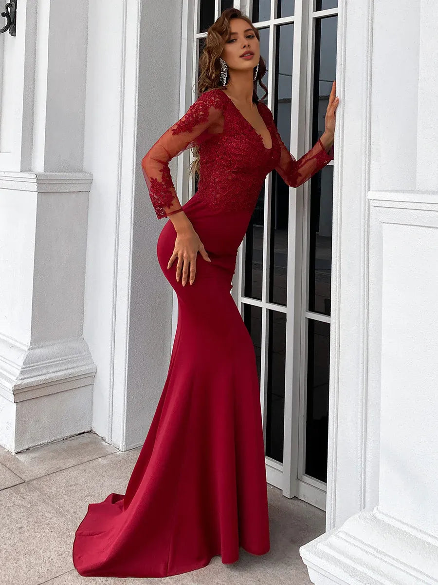 Elegant Mermaid V Neck Long Sleeve Zipper Up Sweep/Brush Train Prom Dress