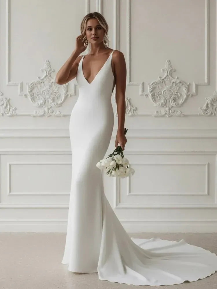 Elegant Mermaid V Neck Sleeveless Pleated Satin Sweep Train Wedding Dress