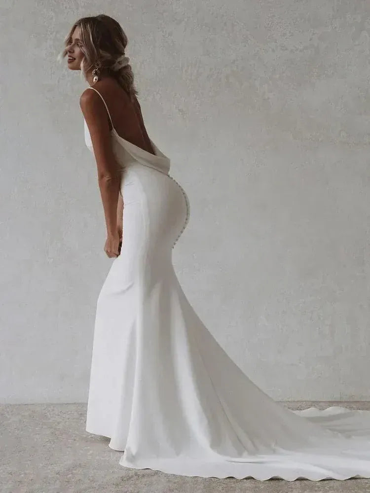 Elegant Mermaid V Neck Sleeveless Pleated Satin Sweep Train Wedding Dress