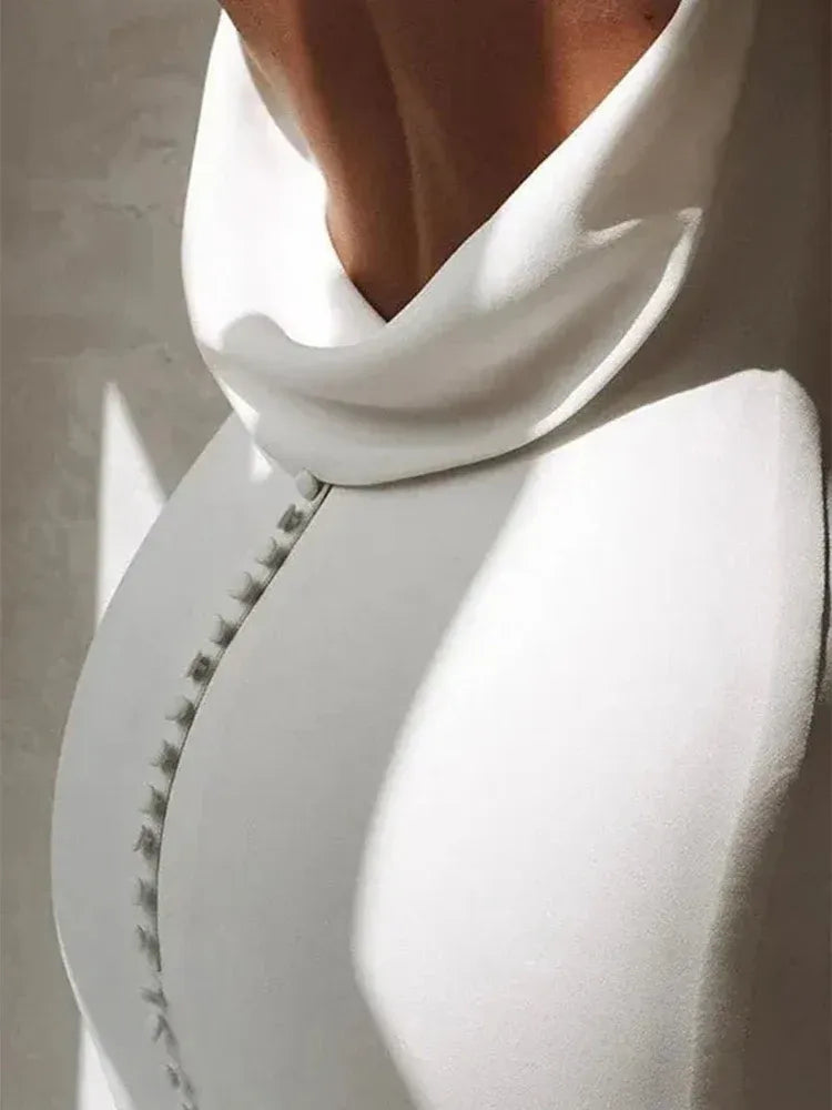 Elegant Mermaid V Neck Sleeveless Pleated Satin Sweep Train Wedding Dress