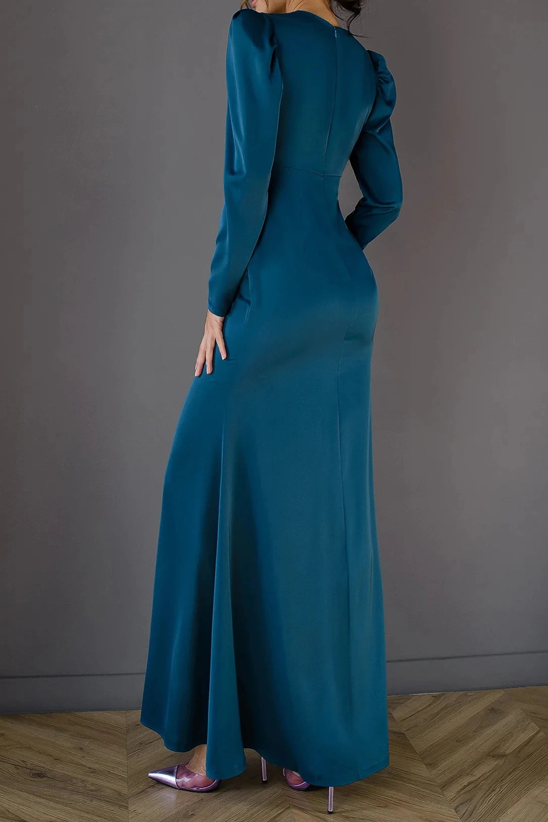 Elegant Navy V-neck Ankle Length Long Puff-Sleeve Party Dress Prom Dress With Slit ﻿