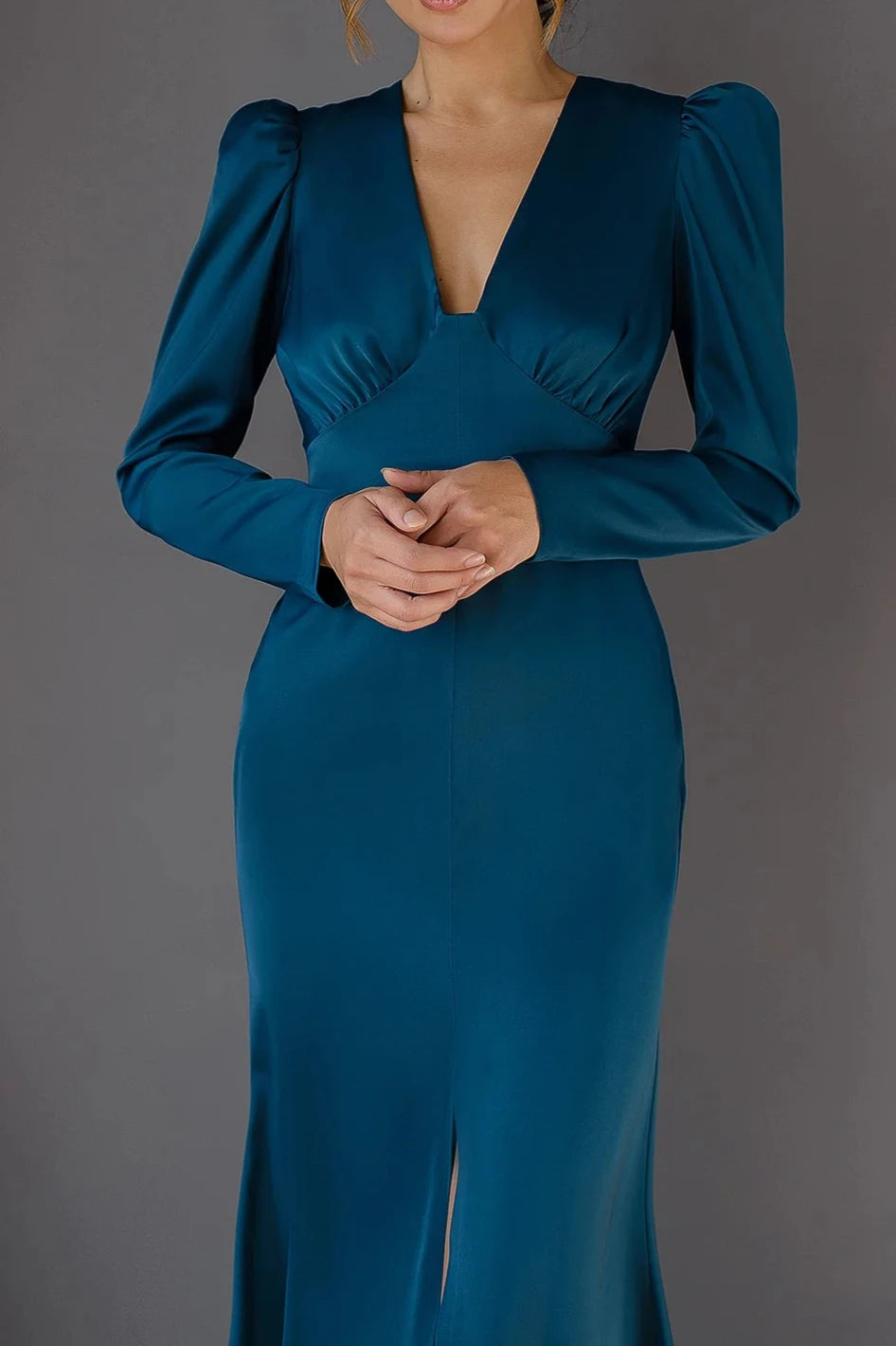 Elegant Navy V-neck Ankle Length Long Puff-Sleeve Party Dress Prom Dress With Slit ﻿