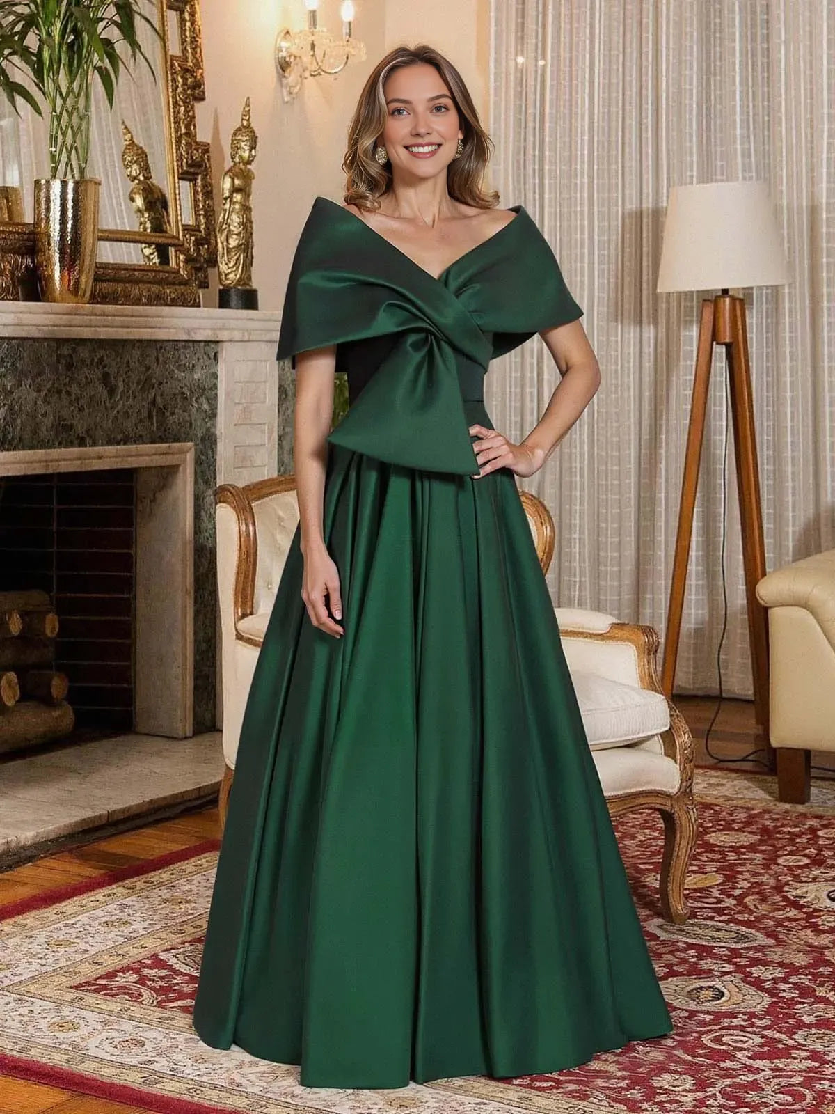 Elegant Off-The-Shoulder Sleeveless A-Line Pleated Satin Floor-Length Evening Dress