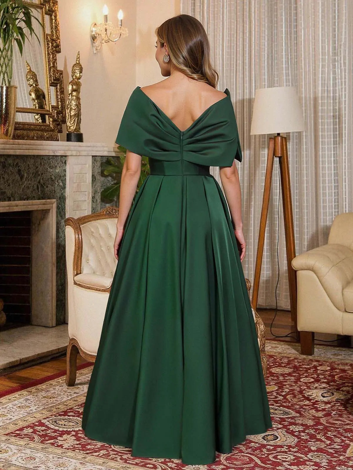 Elegant Off-The-Shoulder Sleeveless A-Line Pleated Satin Floor-Length Evening Dress