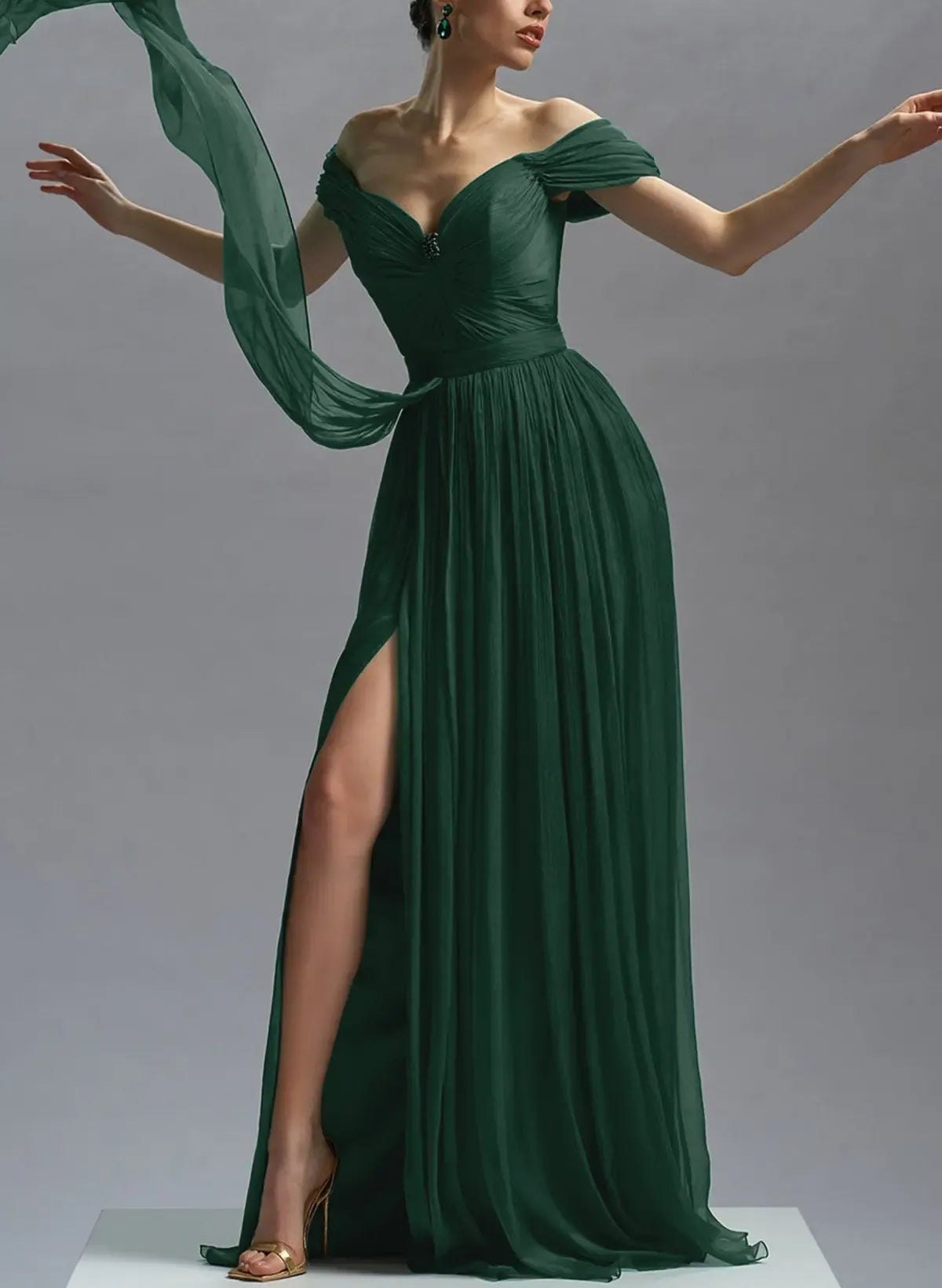 Elegant Off-The-Shoulder Sleeveless A-Line Slit Chiffon Sweep Train Prom Dress