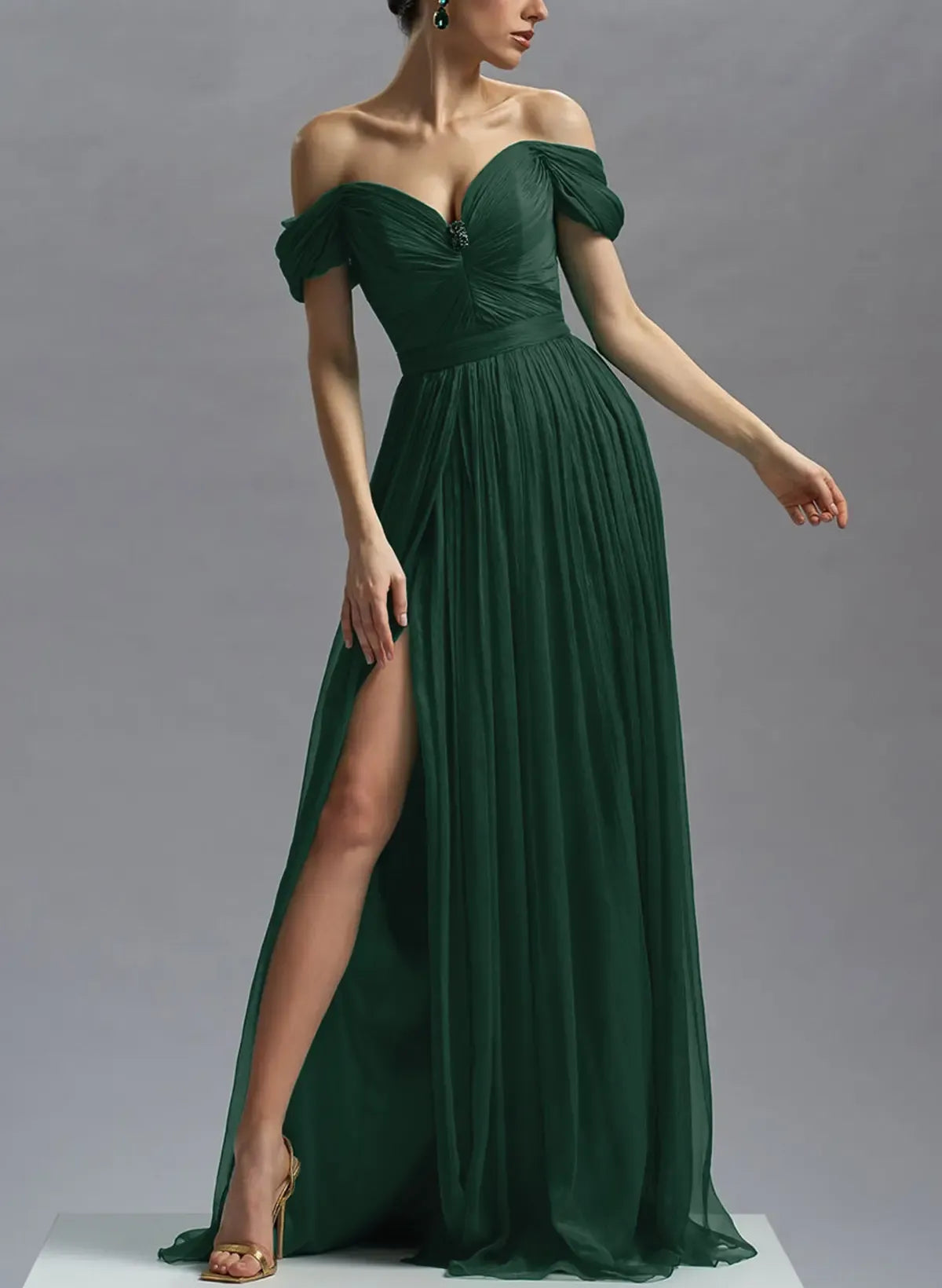 Elegant Off-The-Shoulder Sleeveless A-Line Slit Chiffon Sweep Train Prom Dress