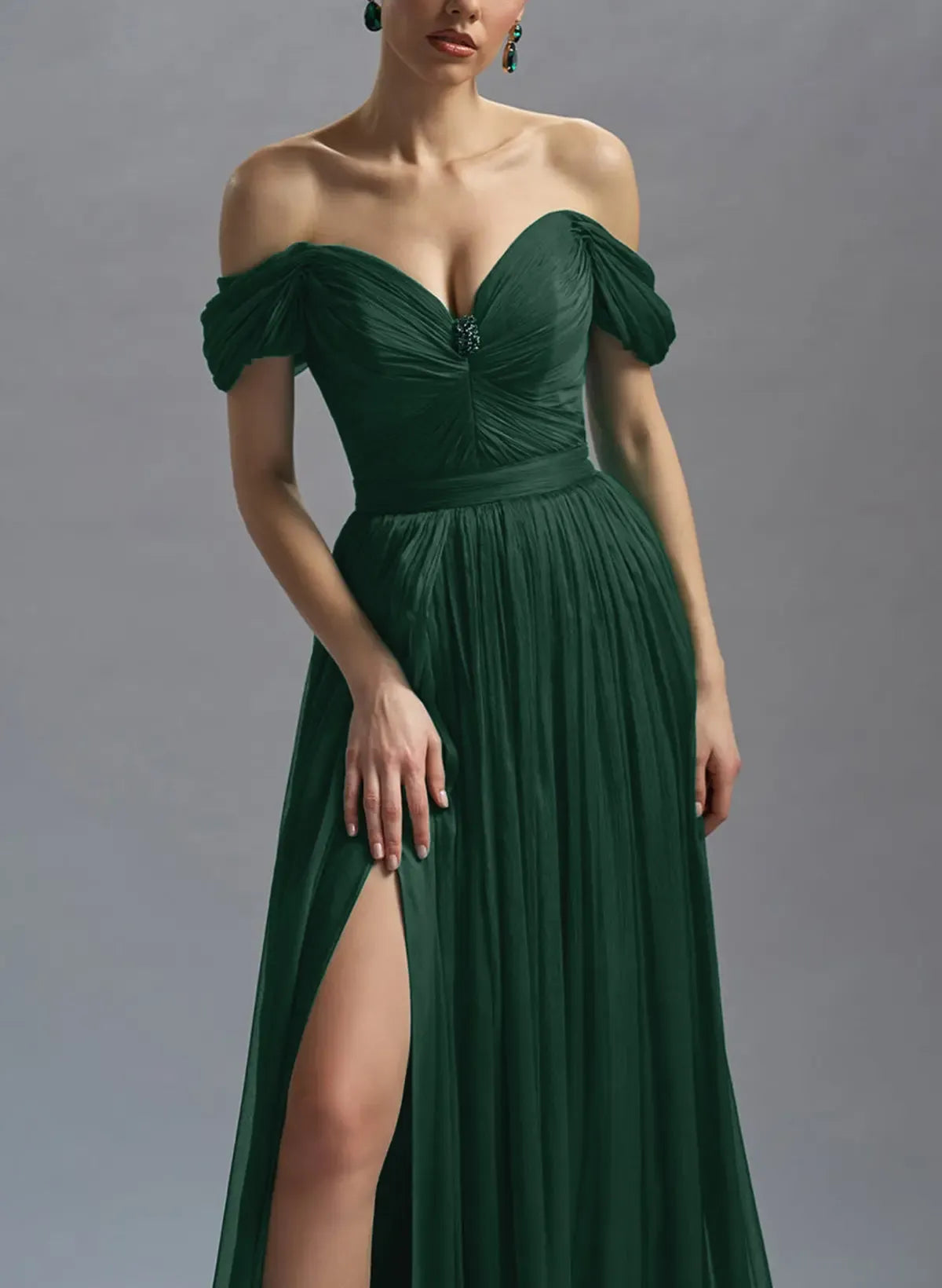 Elegant Off-The-Shoulder Sleeveless A-Line Slit Chiffon Sweep Train Prom Dress