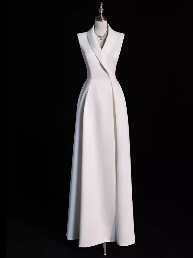 Robe de soirée élégante en satin à épaules dénudées et col en V, robe de bal longue