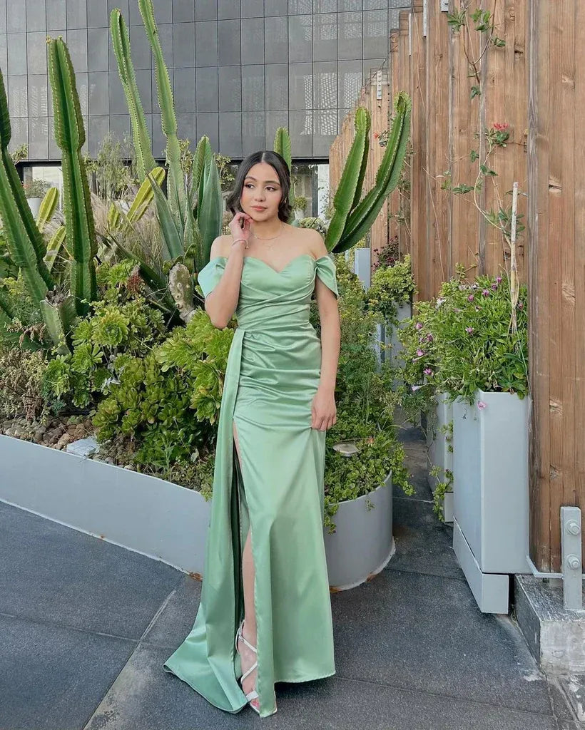 Elegant Off Shoulder Sleeveless Satin Mermaid Prom Dress With Slit