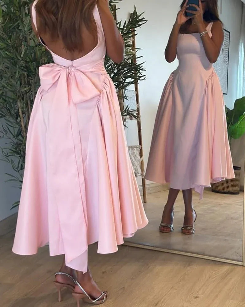 Elegant Open Back Square Neck Sleeveless Satin Midi Cocktail Dress