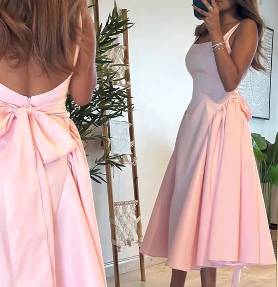 Elegant Open Back Square Neck Sleeveless Satin Midi Cocktail Dress