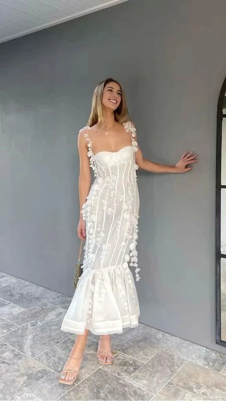Weitese Formal Wear Dresses White Spaghetti Straps Backless Floral Elegant Party Dress Prom Dresses Shops Formal Women's Dresses