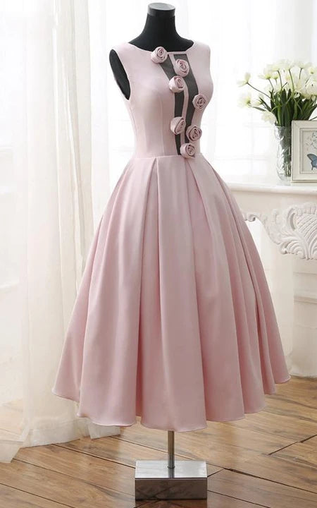 Robe de bal élégante, col rond, coupe trapèze, longueur thé, dos nu, sans manches 